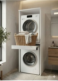 Resim Çamaşır Makinesi Dolabı Kurutma Makinesi Dolabı Sepetlikli Banyo Dolabı Beyaz Beyaz 