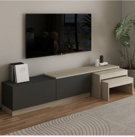 Resim Nest Tv Sehpası Modern Tasarım,2 Kapaklı Depolama Ve İkili Zigon Sehpa İle Fonksiyonel Mobilya Traverten 