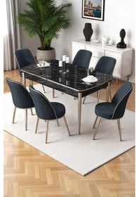 Resim Canisa Nira Serisi 70x114 Mdf Siyah Mermer Desen Mutfak Masa Takımı 6 Antrasit Sandalye Krom Detay Masa Siyah Mermer Antrasit Sandalye Ayaklar Krom 