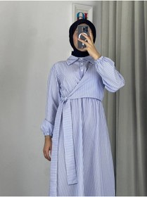 Resim Esre Store 4540 - Çizgili Tesettür Elbise Mavi 
