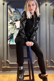 Resim RICH GLAM Kolları Crystal Taşlı Ince Rahat Pamuk Fermuarlı Siyah Şık Kadın Eşofman Takımı 