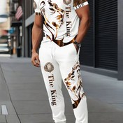 Resim Şık Aslan 3D Baskılı Kısa Kollu Crew Neck Erkek Sokak Casual Ceket, Rahat Seçim, Nefes Alabilen Açık Hava Eğlence T-Shirt ve Beş Cep Pantolon Seti Yaz 3D Baskılı Yetişkin Ceket 