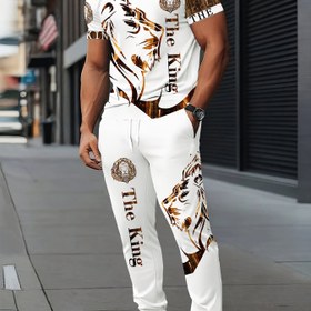 Resim Şık Aslan 3D Baskılı Kısa Kollu Crew Neck Erkek Sokak Casual Ceket, Rahat Seçim, Nefes Alabilen Açık Hava Eğlence T-Shirt ve Beş Cep Pantolon Seti Yaz 3D Baskılı Yetişkin Ceket 