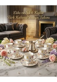 Resim 6'lı Gold Detaylı Çiçekli Fincan Takımı- Mien 6 Kişilik Gold Çiçekli Türk Kahvesi Seti Sarı - Çok Renkli 