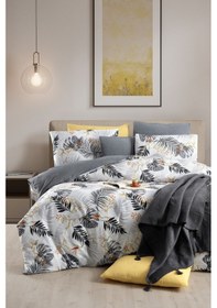 Resim Lastikli Çarşaflı Çift Kişilik Nevresim Takımı Monstera Gri Gri 