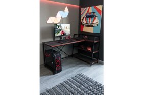 Resim Siyah Raflı Çift Yöne Uygun Oyuncu Masası, Bilgisayar Masası, Gamer Masası, Gaming Masa, L Masa 