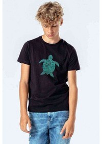 Resim Tshirthane Silhouette Save The Turtles Baskılı Unisex Çocuk Siyah Tshirt 