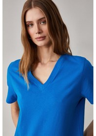 Resim Grimelange Alıne Kadın %100 Organik Pamuk Derin V Yakalı Comfort Fit Parlament Mavi T-shirt Parlament Mavi Saks Mavisi 