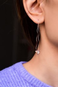 Resim Papatya Silver 925 Ayar Gümüş Rose Kaplama Zincirli Telli Taşlı Sallantılı Kuş Küpe 
