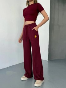 Resim S-pazarım Osy Modal Yumuşak Dokulu Kumaş Nakış Işlemeli Rahat Bol Paça Eşofman Pantalon - Bordo Bordo 
