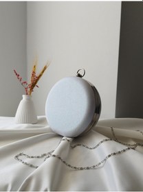 Resim Vivazzaluxe Modern Yuvarlak Model Simli Düğün Nişan Gelin Kadın Abiye Clutch Çanta Beyaz 
