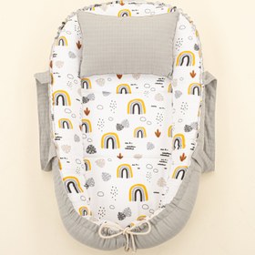 Resim Babynest ve Yastık - Çift Taraflı - Açık Gri Muslin - Hardal Gökkuşağı 