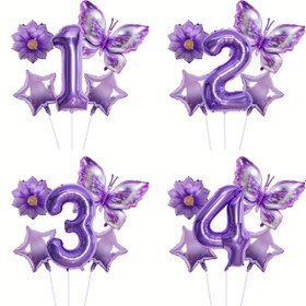 Resim 6 Adet Mor Kelebek Çiçek Numara Balon Kurdeleleri - 1-4 Rakam Yıldız & Çiçekli Dekorasyonlar Doğum Günü, Yıl Dönümü, Festival Partileri İçin - Elektriksiz İç/Dış Mekan Fotoğraf Fonu Malzemeleri, Kelebek Parti Süslemeleri, Kolay Kurulumlu Tasarım, Yeniden Kullanılabilir, Yıl Dönümü Kutlaması, Şenlikli Dekor, Ev Dekoru 