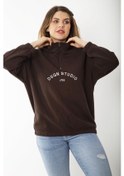 Resim Kadın Büyük Beden Kahve İçi Şardonlu Ön Pat Fermuarlı Nakışlı Sweatshirt 65n37202-kahve Kahverengi 