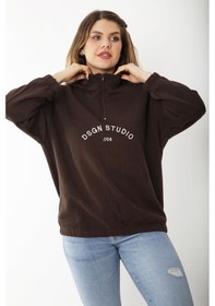 Resim Kadın Büyük Beden Kahve İçi Şardonlu Ön Pat Fermuarlı Nakışlı Sweatshirt 65n37202-kahve Kahverengi 
