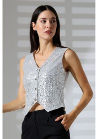 Resim Mois Atelier Beyaz Pul Payetli Çıt Çıt Kapama V Yaka Yelek Tasarım Hediye Büyük Beden Beyaz 