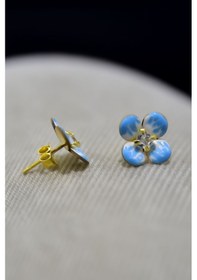 Resim Papatya Silver 925 Ayar Gümüş Gold Kaplama Zirkon Taşlı Mavi Mineli Yonca Küpe 