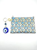 Resim Ennea Art Nazar Boncuğu Kumaş Cüzdan Altın Rengi + Taşlı Anahtarlık/dikiz Ayna Süsü El Yapımı Hediyelik Set 