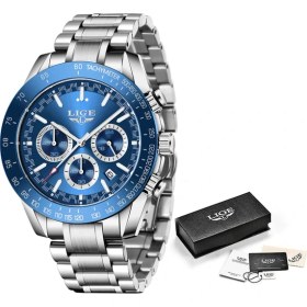 Resim Hanyang Gümüş Mavi 2022 Yeni Erkek Saatler Lıge Üst Marka Lüks Paslanmaz Çelik Kuvars Izle Erkekler Su Geçirmez Spor Kronograf Relogio Masculino + Kutu (Yurt Dışından) 