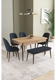 Resim Ikon Meşe Desen 80x132 Mdf Açılabilir Yemek Masası Takımı 4 Sandalye, 1 Bench Antrasit 