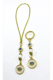 Resim biuti Beyaz Parlak Taşlı Küp Boncuk Detaylı Göz Figürlü Araba Dikiz Ayna Süsü, Anahtarlık İkili Set 