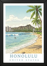 Resim Honolulu Hawaii - Waikiki Beach Diamond Head Wall Art Print - Wooden Frame - Black / 16 x 20" (40x50 cm) 