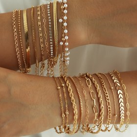 Resim 22 parça Bohem Vintage Stil Çok Katmanlı Bileklik Seti, Moda Yaratıcı Boş Kalp Zinciri, Sahte İnci Zinciri, Uçak Zinciri, Kutu Zinciri, Düz Yılan Zinciri, Top Boncuk Zinciri Bileklik Seti, Kadınlar için Şık ve Çok Yönlü Takı, Günlük Giyim, Partiler, Tarihler ve Tatiller için Uygun 