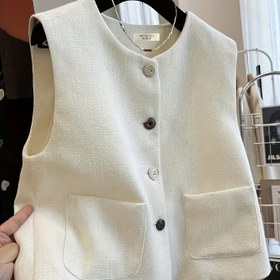 Resim Kadınlar için Şık Kolsuz Yelek Düğmeli Ön ve Yan Cepli - Yuvarlak Yaka Retro Ceket İlkbahar/Sonbahar için, Dokulu Kumaş, Bol Kesim, Makinede Yıkanabilir, Günlük Dış Giyim, Klasik Düğme Tasarım, Zarif Görünüm, Yapılı Tasarım 