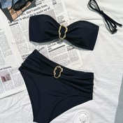 Resim Kadınların Mavi Renkli Halter Boyunlu Mayo Seti Altın Detaylı - Yumuşak Poliamid ve Elastik, Kolsuz Bikini Ruched Detaylı, Yüzme ve Plaj için Mükemmel, Plaj Mayo|Ruched Dokulu|Esnek Kumaş 