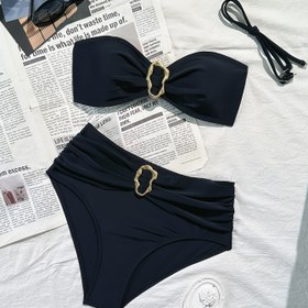 Resim Kadınların Mavi Renkli Halter Boyunlu Mayo Seti Altın Detaylı - Yumuşak Poliamid ve Elastik, Kolsuz Bikini Ruched Detaylı, Yüzme ve Plaj için Mükemmel, Plaj Mayo|Ruched Dokulu|Esnek Kumaş 