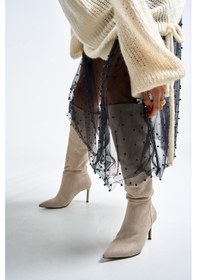 Resim Kyla Kadın Bej Topuklu Süet Çizme Bej 