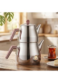 Resim Porsima 1026-1 Prizma Bakalit Metal Kulp Mega Boy Paslanmaz Çelik Çaydanlık Takımı Rose - 2-3,40lt 