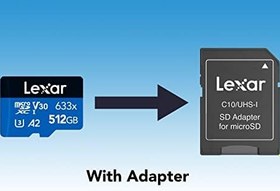 Resim Lexar 633x 512 GB Micro SD Kart, microSDXC UHS-I Kart + SD Adaptör, 100MB/s Okumaya kadar microSD Hafıza Kartı, A2, Sınıf 10, U3, V30 (LMS0633512G-BNAAA) 