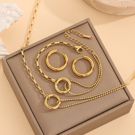 Resim 4lü Set Boho Tarzı Paslanmaz Çelik Takı, Geometrik Daire Bağlantı Kolye, Solmayan Küpeler, Kuyruk Kemiği Zinciri ve Bileklik Seti 