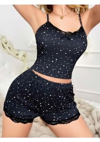 Resim Yıldız Desenli Askılı Şortlu Pijama Takımı Siyah 