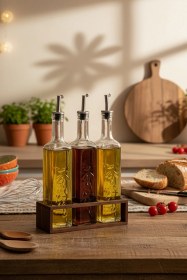 Resim Snippy Olea - 3'lü Ahşap Uzun Katlı Standlı Cam Zeytinyağı Şişesi Yağlık Damlatmaz Yağlık Sirkelik 500ml Ahşap 