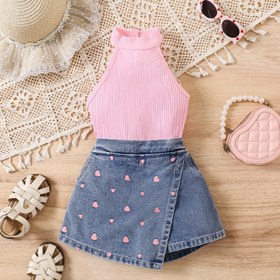 Resim Sevimli kızlar için aşk baskılı kot şort takımı, mükemmel stil, Dış mekan için ideal 