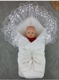 Resim Yenidoğan Kumru Soft Cotton Taç Nakışlı Trilüks Kundak Bebek Battaniyesi Ekru Çok Renkli 