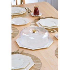 Resim Glore Sekizgen Krem Altın Yaldızlı Cam Kek Fanusu 