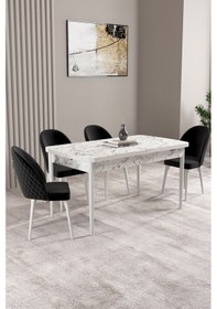 Resim Milas Beyaz Mermer Desen 80x132 Mdf Açılabilir Yemek Masası Takımı 4 Adet Sandalye Siyah 