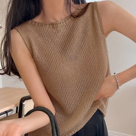 Resim Kadınlar İçin İlkbahar/Yaz/Sonbahar Casual Crew Boyun Katı Renkli Polyester Örgü Yelek, Yuvarlak Yaka Kolsuz 