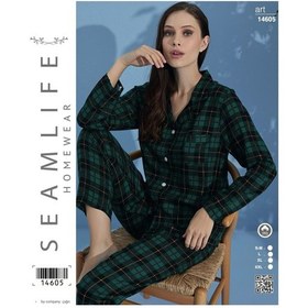 Resim Seamlife Kadın Yeşil Ekose Uzun Kol Dokuma Gömlek Pijama Takımı Ekose 