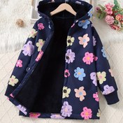 Resim Kızların Vintage Çiçek Desenli Kapüşonlu Montu, Uzun Kollu Polyester 100% Düğme Kapatma, Esnek Olmayan Dokuma Kumaş, Normal Beden Sonbahar/Kış Dış Giyim Plaket Detayı ile 
