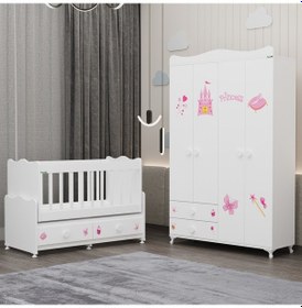 Resim Elegant Beşik Ve Yıldız 4 Kapaklı Dolap- Prenses Beyaz 