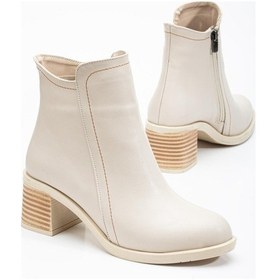 Resim Kadın Topuklu Bot Bej Yüzüdüz Oval Burun Yan Parçalı-3292 Bej 