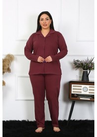 Resim Akbeniz Kadın Büyük Beden Pamuklu Cepli Düğmeli Mürdüm Pijama Takım 202401-mürdüm Mürdüm 