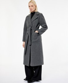 Resim Koton Uzun Kollu Cepli Düğmeli Kruvaze Kemerli Uzun Kadın Kaşe Kaban - Antrasit 6WAK00270EW 