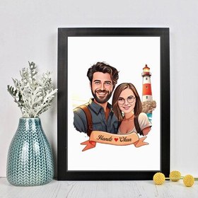 Resim Deniz Feneri ve Aşkımız Karikatürlü Çerçeve 