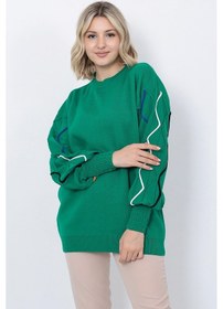 Resim Kadın Triko Kazak Bisiklet Yaka Dalgalı Çizgi Desenli Oversize Yeşil 