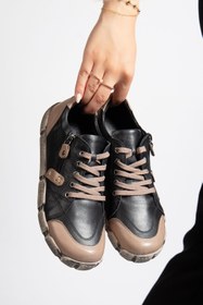 Resim CANİLH Hakiki Deri Yumuşak Tabanlı Kadın Siyah Vizon Sneaker Günlük Spor Ayakkabı 